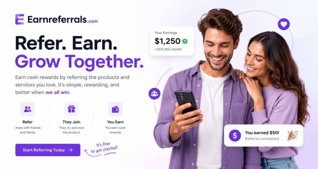 EarnReferrals.com homepage banner showing referral rewards and people earning cash for sharing products and services